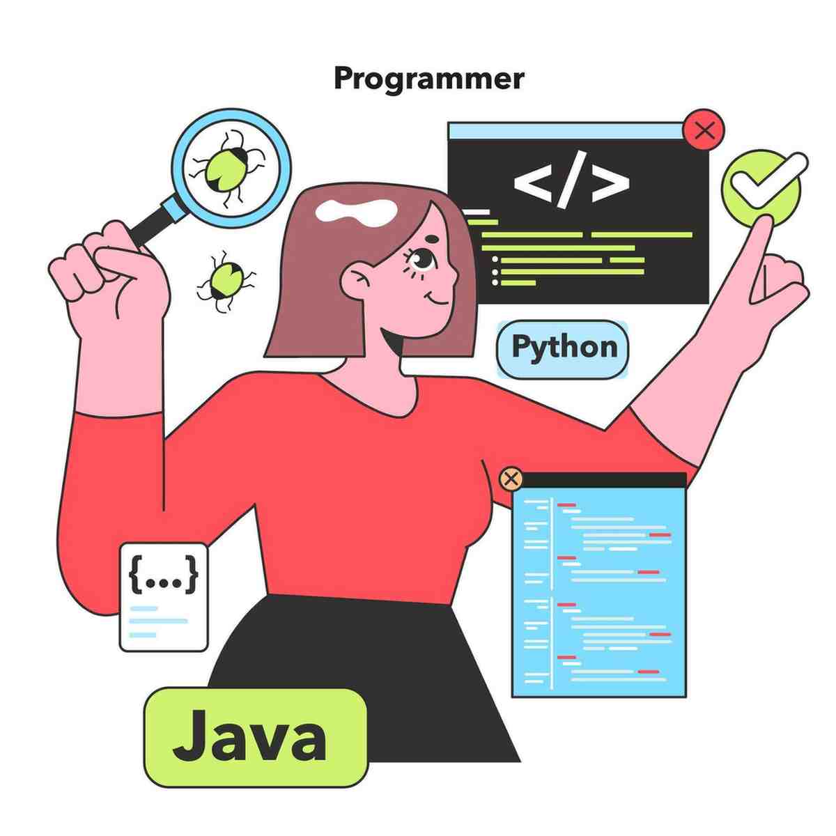 a programmer deftly examines code for bugs a metaphor for the meticulous nature of software development with python and java highlighting her versatile skill set vector (1)
